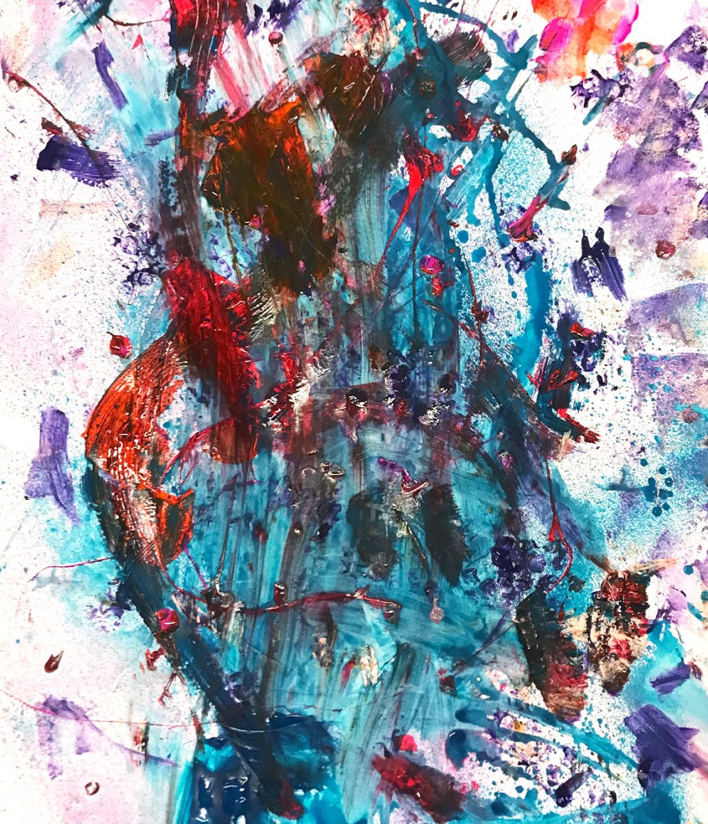 abstrakt målning i blått, rött och lila