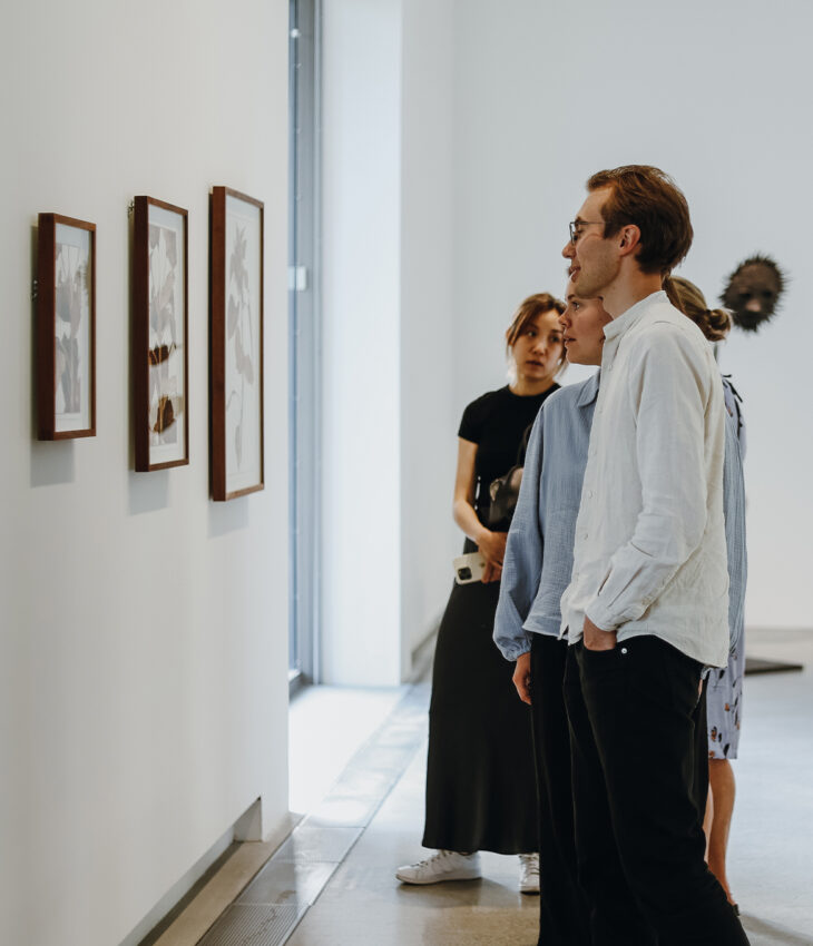 Folk som tittar på konst i konsthallen.