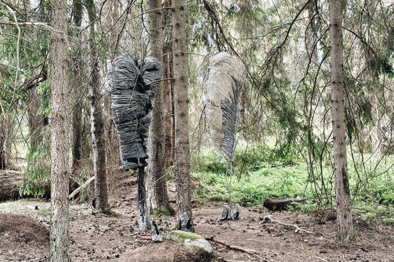 Bild på konstnären Annika Liljedahls skulptur placerad i en skogsglänta. Skulpturen föreställer två kokonger uppspända med fiskelina mellan tallstammarna.