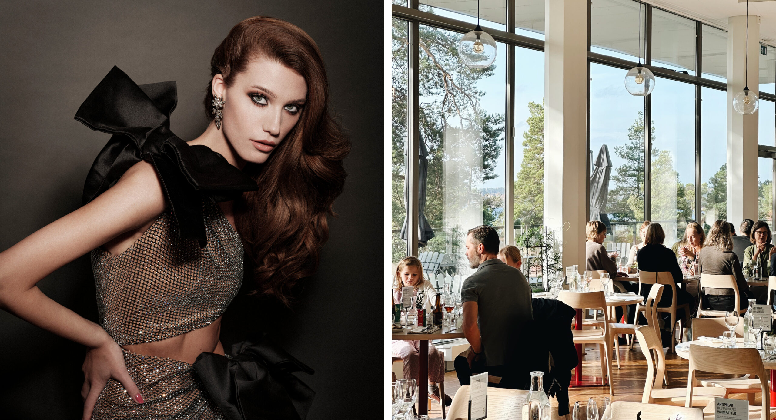 Left side: person in a glamorous outfit with large black bows. Right side: people enjoying Art' n Brunch at a bright restaurant with large windows, indulging in an exquisite art experience coupled with a brunch that offers both culinary delight and a breathtaking view.