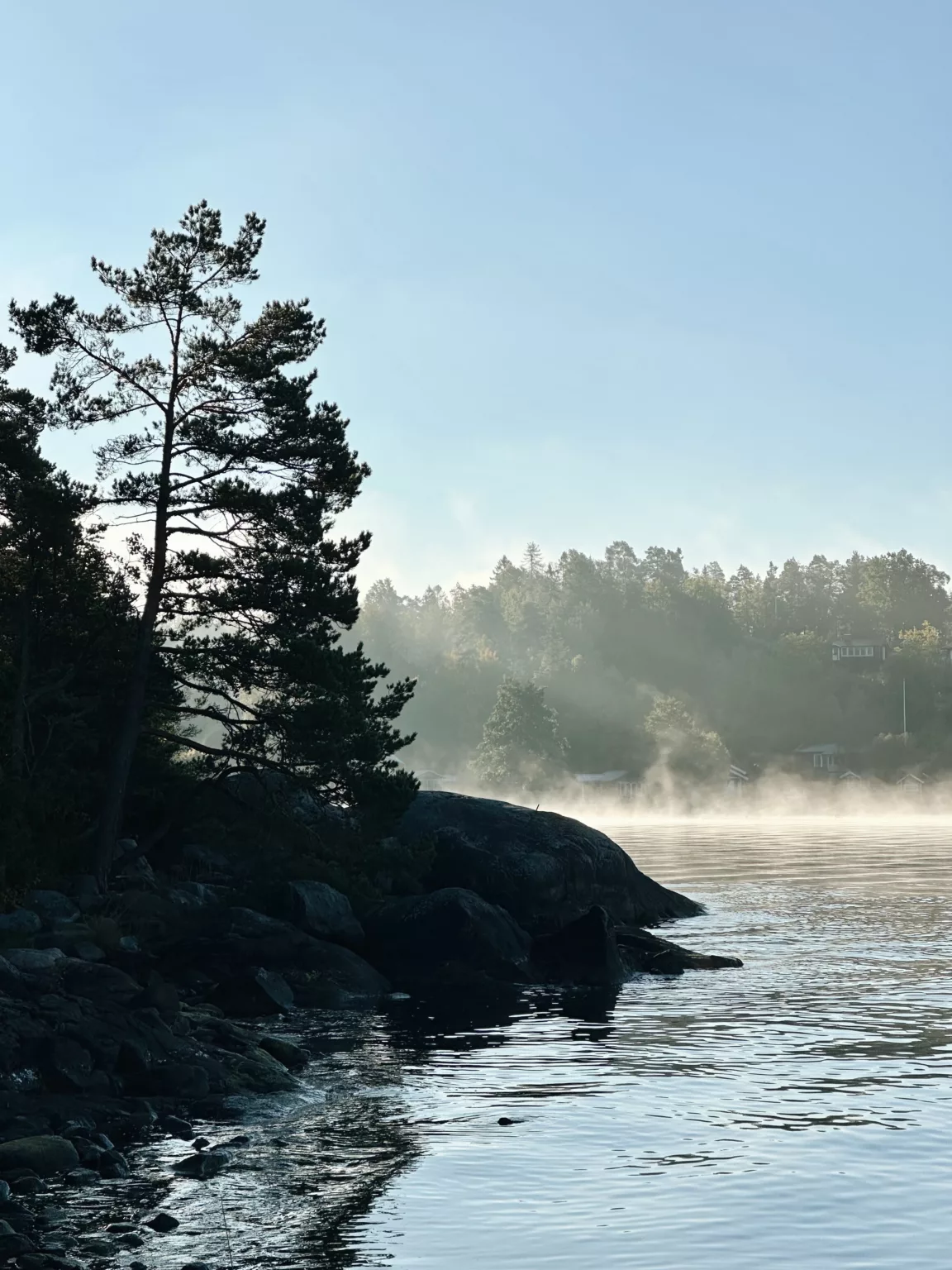 klippor vid vattnet, och dimma över vattnet.